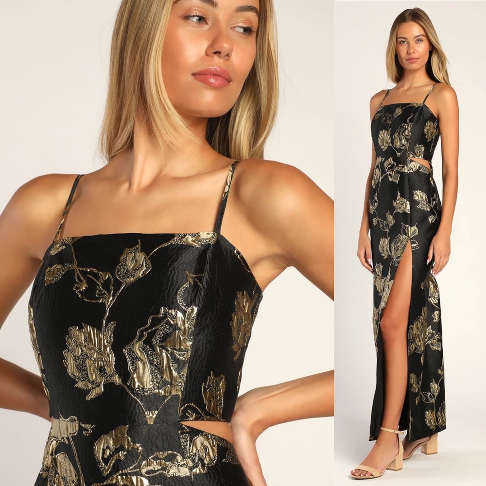 Black and Gold Floral Jacquard Sleeveless Maxi Dress 🌿